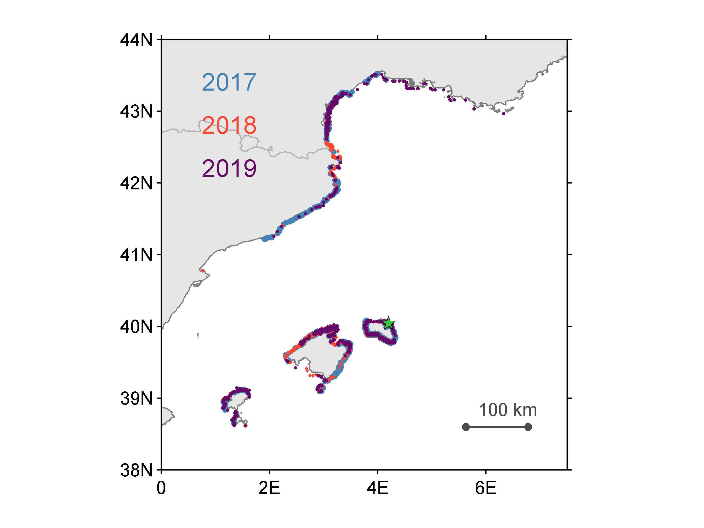 Resultados del modelo de trayectorias basado en WMOP que muestran el origen potencial de las larvas de nacra identificadas en 2017, 2018 y 2019 en Son Saura (Menorca). Autor: Baptiste Mourre, investigador de la ICTS SOCIB-MEDCLIC. Imagen publicada en Kersting et al. 2020.